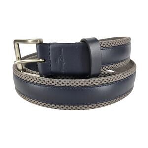 TOMMY BAHAMA MEN'S BLUE LEATHER & GRAY MESH HIDDEN STRETCH BELT – SIZE 46